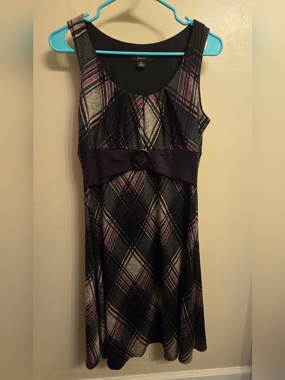 Perceptions NY Women's Size 6 Dress Sleeveless Purple Gray Plaid Knit Belted